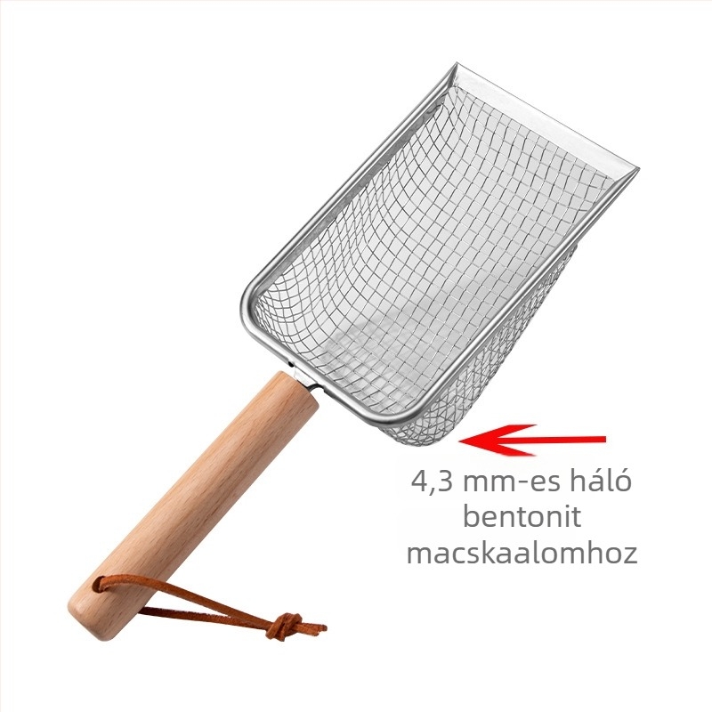 Macskaalom lapát fa nyéllel, rozsdamentes acél penge, finom lyukakkal, a macskaürülék eltávolításához.