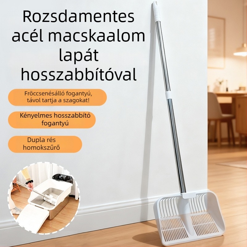 Rozsdamentes acélból készített macskaalom-kanál hosszú nyéllel; fém macskaalom-kanál tofu-alomhoz és ürülékhez