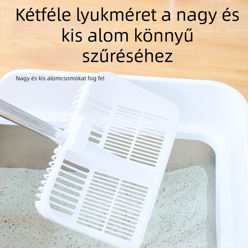 Rozsdamentes acélból készített macskaalom-kanál hosszú nyéllel; fém macskaalom-kanál tofu-alomhoz és ürülékhez