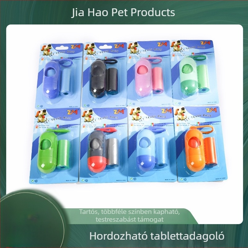 Hordozható kisállat ürülék zacskó adagoló két tekercses és tabletta adagolóval