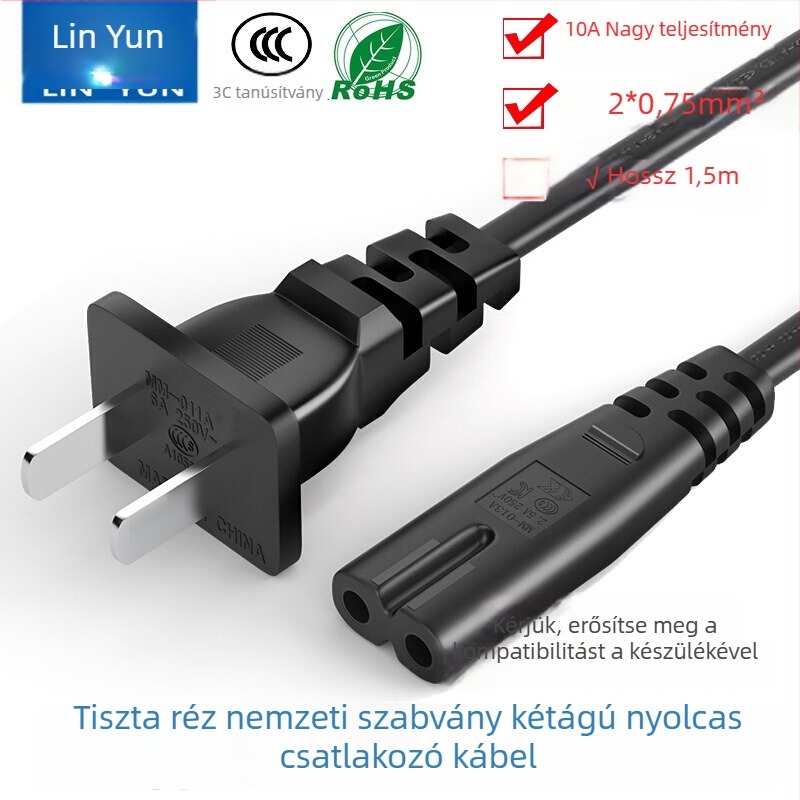 CCC tanúsítvánnyal rendelkező tápkábel kétlyukú csatlakozóval, a nemzeti szabvány szerint, kompatibilis kamera, asztali lámpa, hangszóró és printer számára