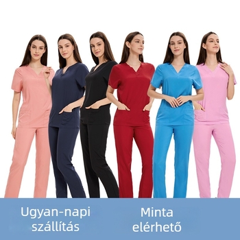 Uniszex orvosi scrubs készlet — könnyű poliészter elasztánnal, nedvességelvezető, V-nyakú rövid ujjú felső és nadrág, 95%+ poliészter, gyorsan szárad, nyár–tavasz–ősz.