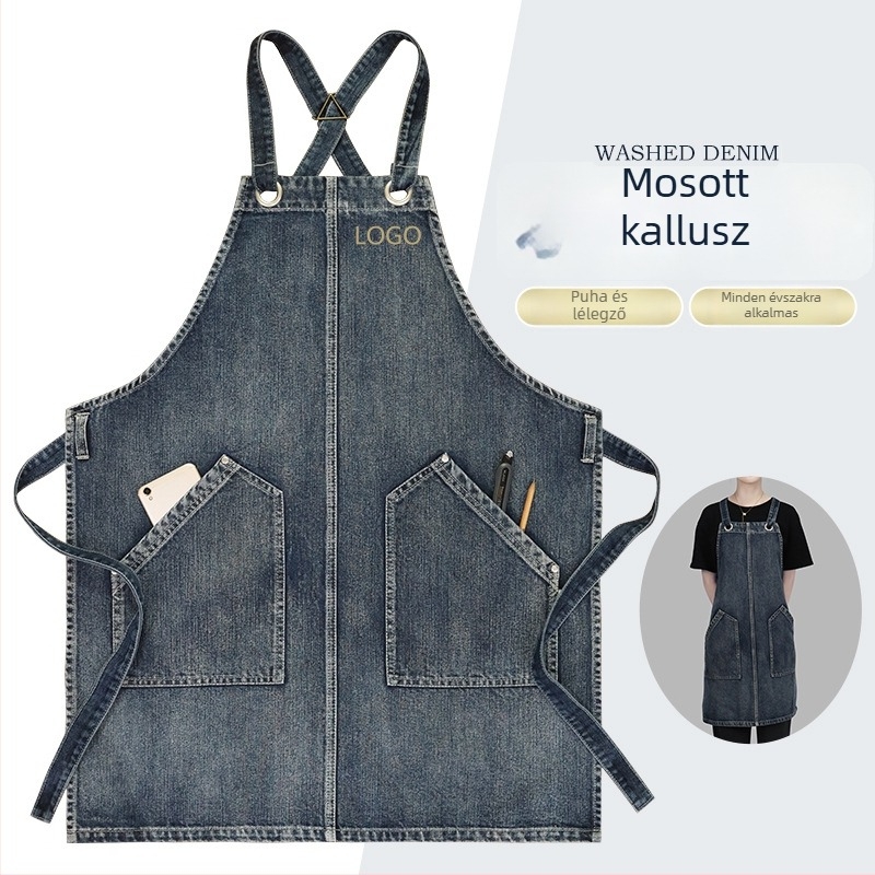 Konyhai kötény, ujjatlan, szennyeződés elleni, mosott denim