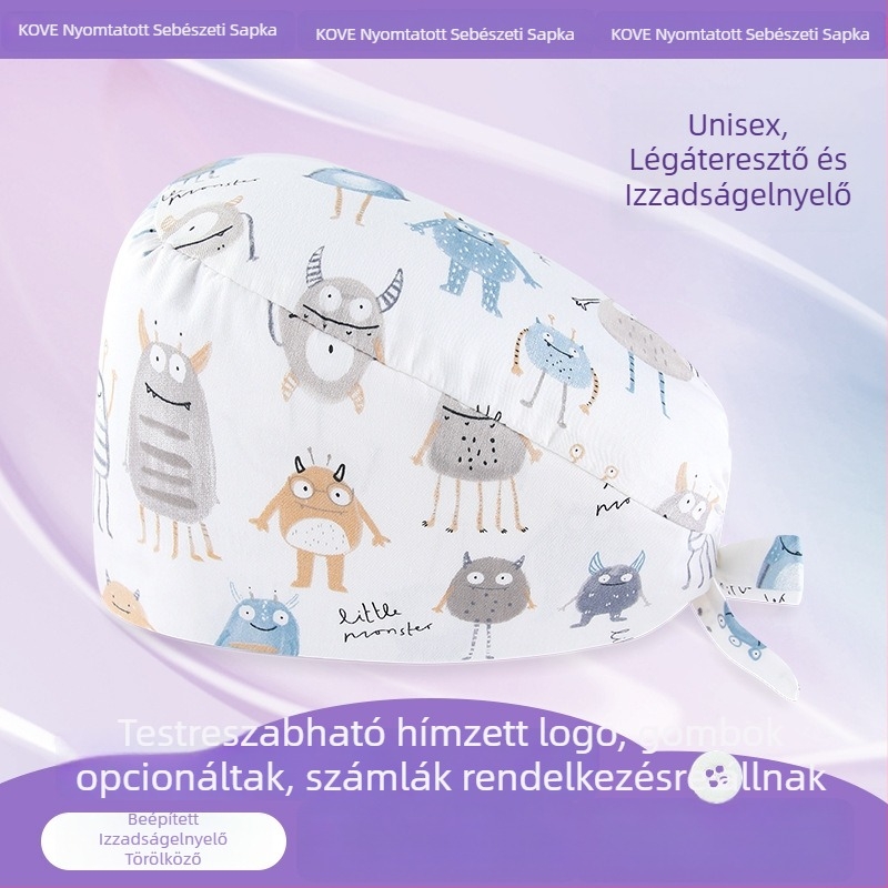 Uniszex műtő sapka, pamut, lapos tetejű, nyomtatásos kivitel, logóval