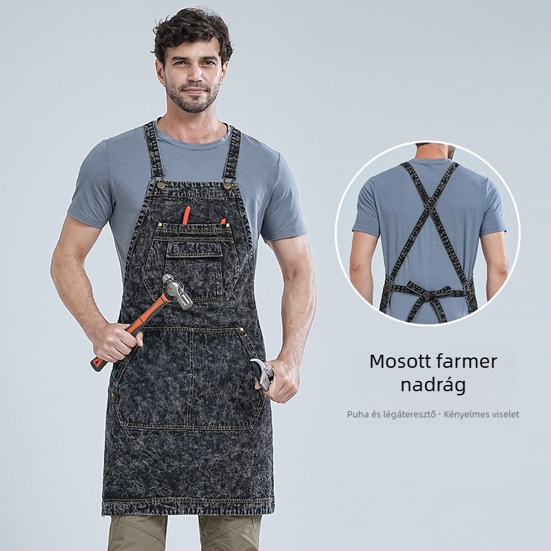 Denim kötény munkához, ujjatlan, szennyeződés elleni védelem, modern és egyszerű stílus, licencelt magáncímke elérhető