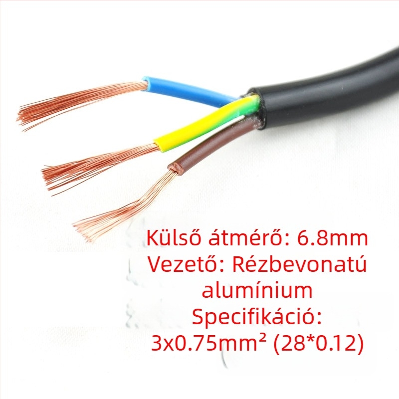 Rézbevonatos alumínium tápkábel, 0,75 mm² keresztmetszet, indiai hárompin csatlakozó, asztali számítógéphez