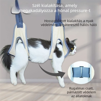 Fejlesztett macska ápoló függőágy fürdéshez és körömvágáshoz, anti-karcolás és anti-harapás védelemmel, fixen rögzített tasakkal.