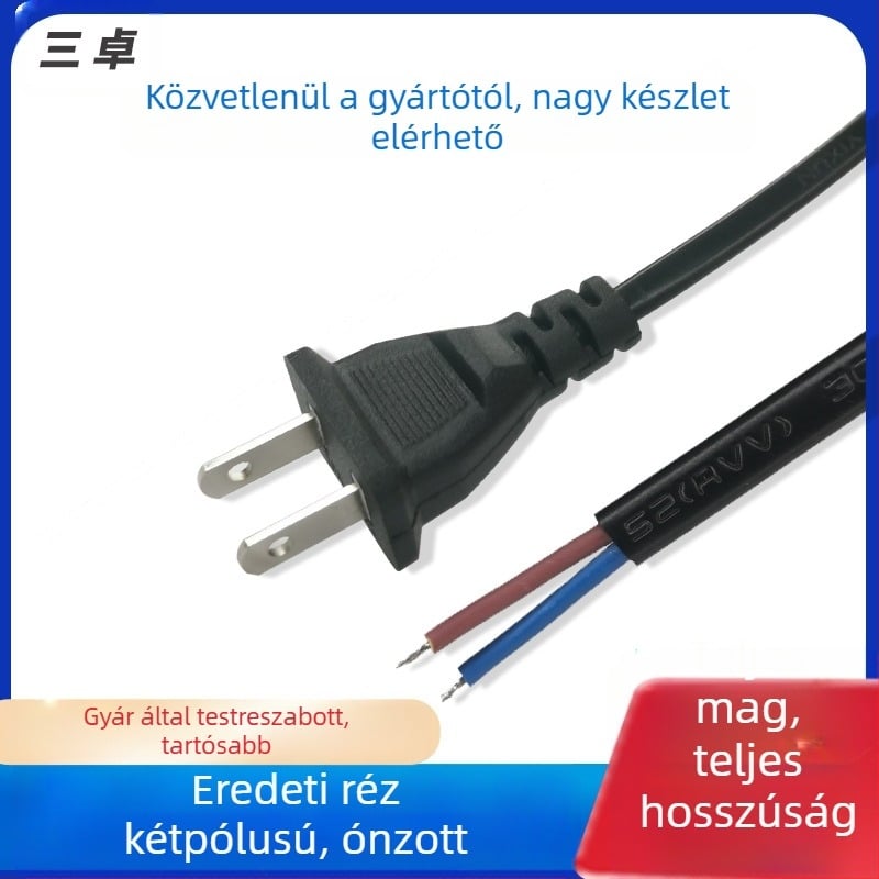 Áramellátó-kábel, US szabvány, Kétvezetékes, Két dugó, Tiszta réz, Ónbevonatú dugó