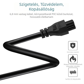 Laptop adapterhez való tápkábel, rézbevonatos alumínium vezető, PVC szigetelés, európai szabvány szerinti kétpontos dugó, német szabvány szerinti igazolás