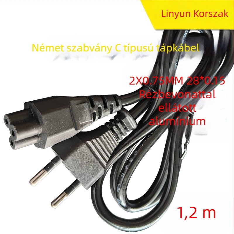 Laptop adapterhez való tápkábel, rézbevonatos alumínium vezető, PVC szigetelés, európai szabvány szerinti kétpontos dugó, német szabvány szerinti igazolás