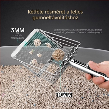 Fém macskaalmok lapát finom lyukakkal, bentonit/tofu és ásványi alomhoz, toló-húzó dizájn