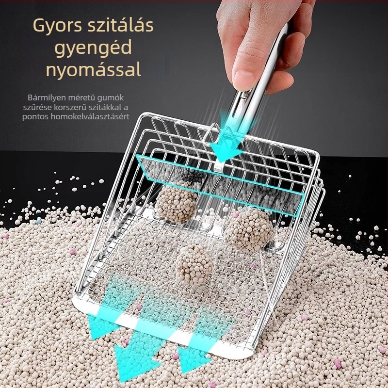 Fém macskaalmok lapát finom lyukakkal, bentonit/tofu és ásványi alomhoz, toló-húzó dizájn