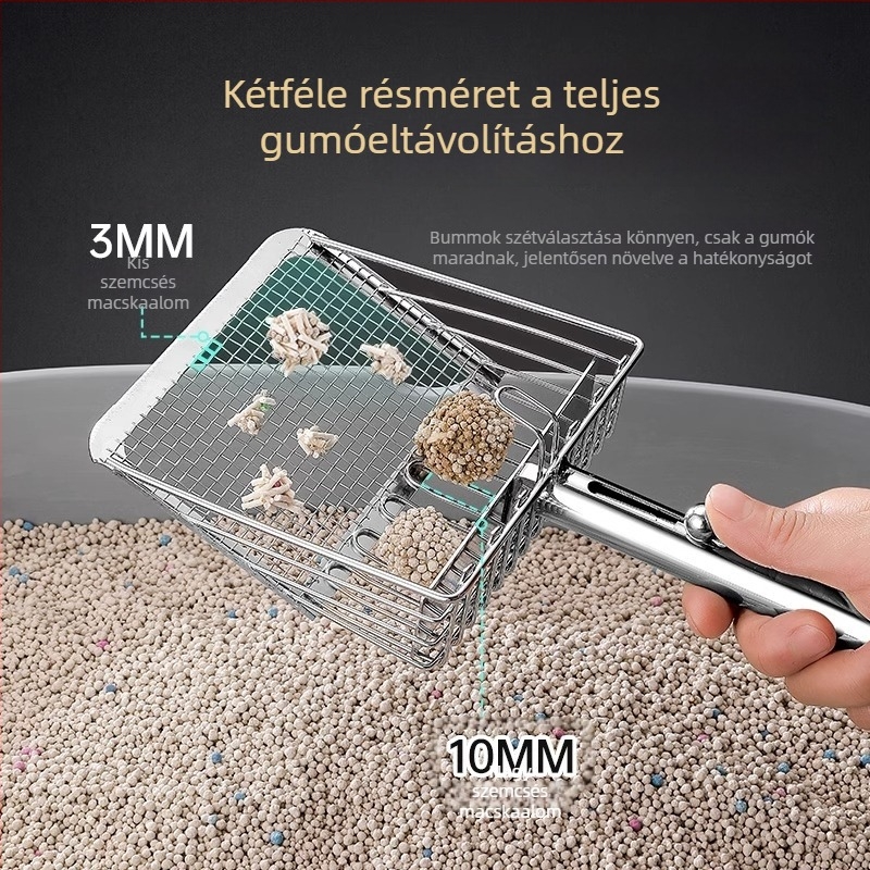 Fém macskaalmok lapát finom lyukakkal, bentonit/tofu és ásványi alomhoz, toló-húzó dizájn