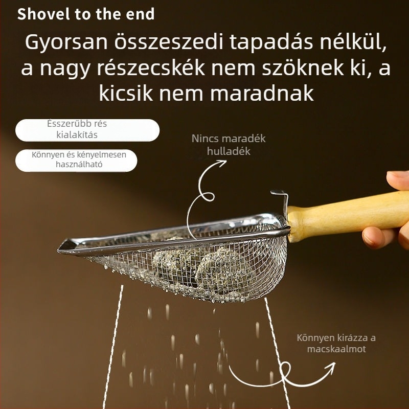 Nagy méretű rozsdamentes acél macskaalom-lapát finom lyukakkal, szivárgásmentes, bentonitos macskaalmokhoz
