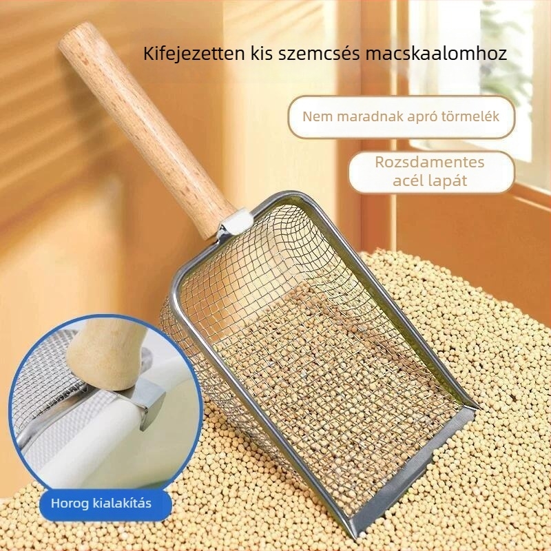 Nagy méretű rozsdamentes acél macskaalom-lapát finom lyukakkal, szivárgásmentes, bentonitos macskaalmokhoz