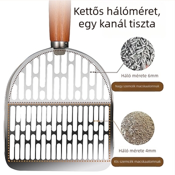 Macskaalmás 304 rozsdamentes acélból, fa nyéllel, fin lyukas kialakítás, kettő az egyben, macskák és kutyák számára