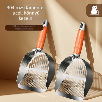 Macskaalmás 304 rozsdamentes acélból, fa nyéllel, fin lyukas kialakítás, kettő az egyben, macskák és kutyák számára
