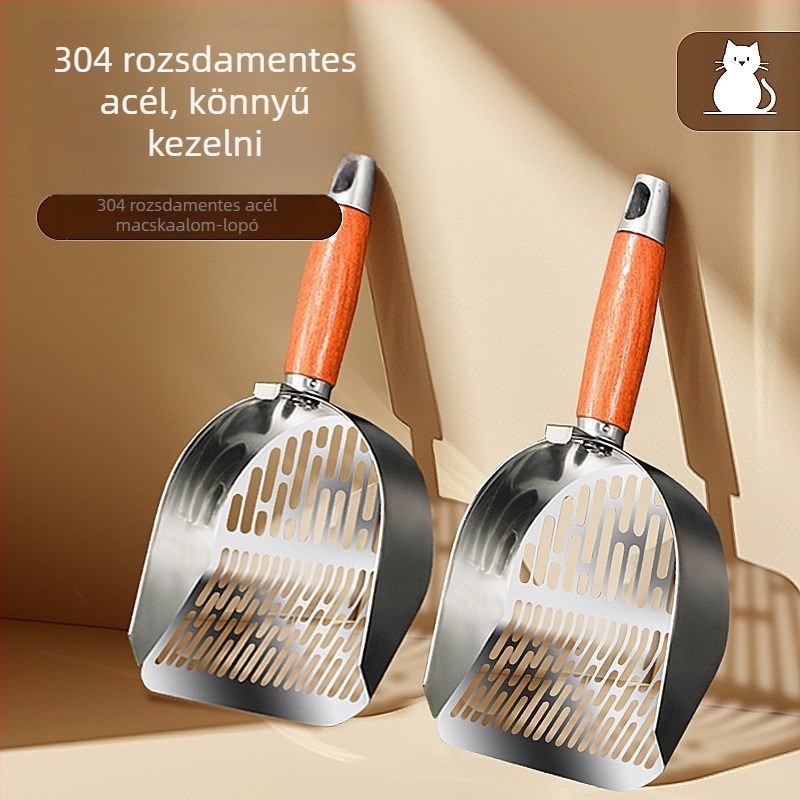 Macskaalmás 304 rozsdamentes acélból, fa nyéllel, fin lyukas kialakítás, kettő az egyben, macskák és kutyák számára