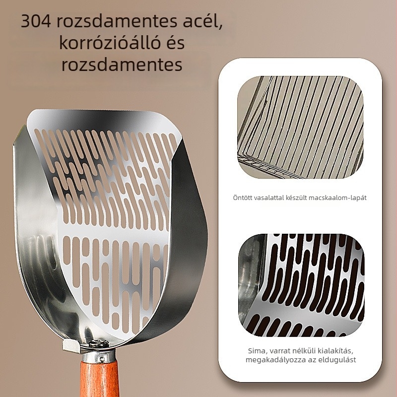 Macskaalmás 304 rozsdamentes acélból, fa nyéllel, fin lyukas kialakítás, kettő az egyben, macskák és kutyák számára