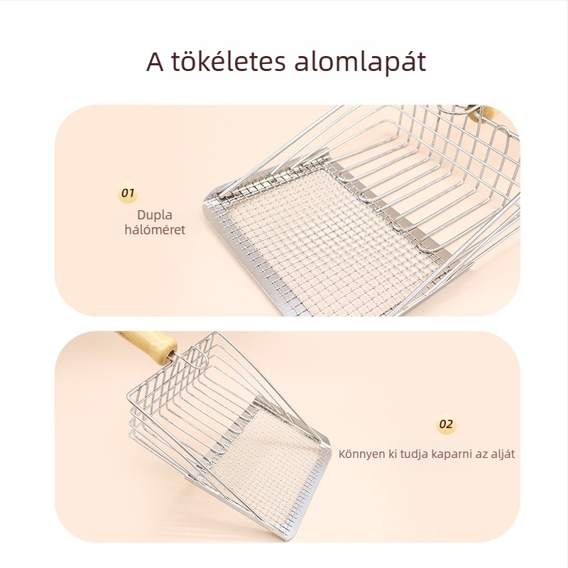 Kétfunkciós rozsdamentes acél macskaalom lapát finom hálós szitával, mineral és tofu alomhoz, nagy