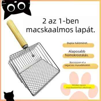 Macskaalom-lapát fa nyéllel, rozsdamentes acélból, 2 az 1-ben, finom lyukakkal