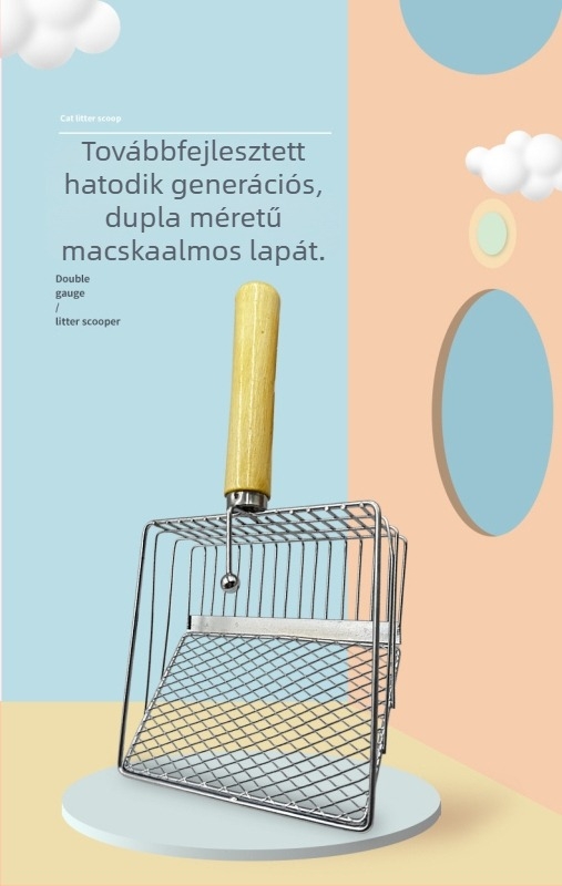 Macskaalom-lapát fa nyéllel, rozsdamentes acélból, 2 az 1-ben, finom lyukakkal