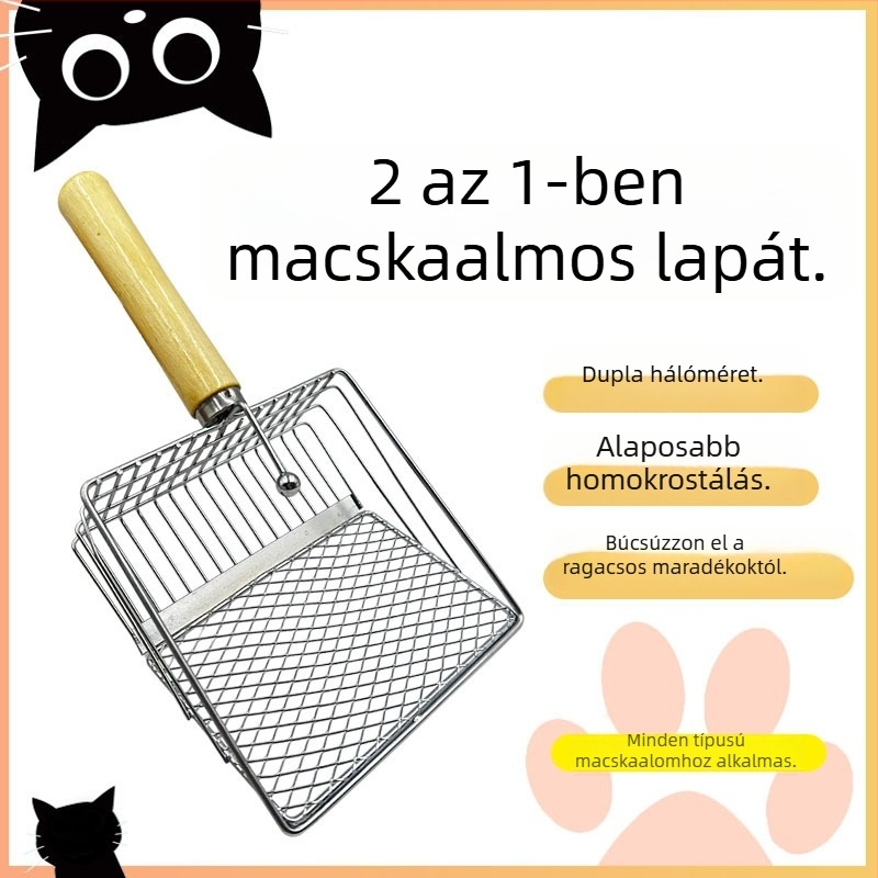 Macskaalom-lapát fa nyéllel, rozsdamentes acélból, 2 az 1-ben, finom lyukakkal