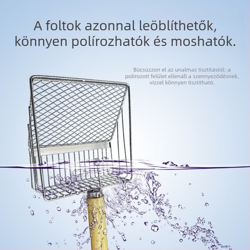 Macskaalom-lapát fa nyéllel, rozsdamentes acélból, 2 az 1-ben, finom lyukakkal