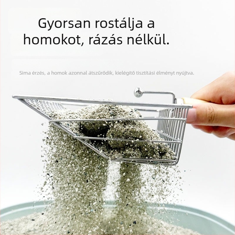 Macskaalom-lapát fa nyéllel, rozsdamentes acélból, 2 az 1-ben, finom lyukakkal