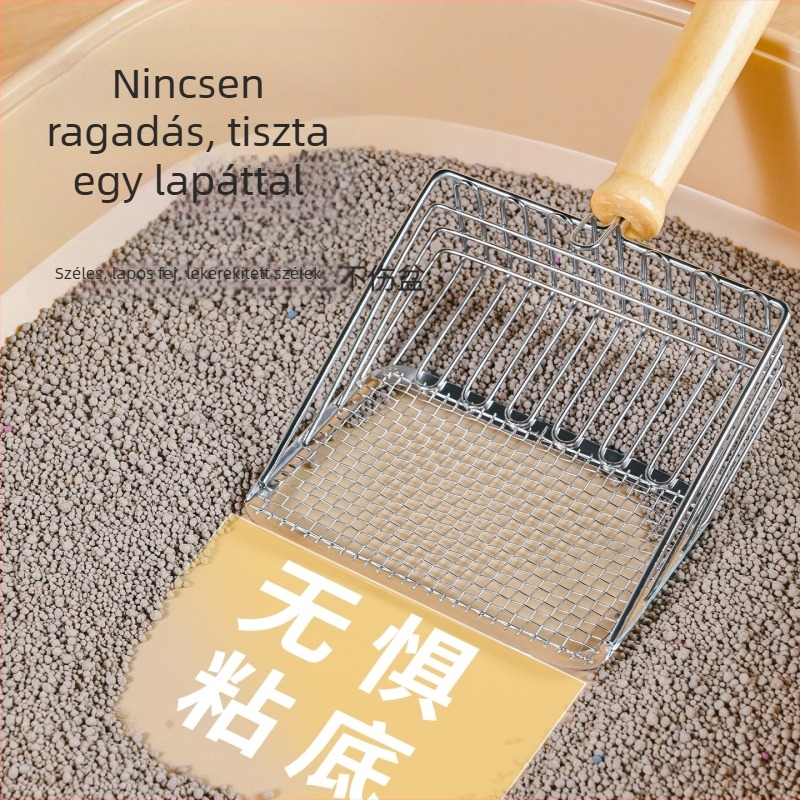Macska homokkanál finom lyukakkal, rozsdamentes acél, hosszú nyél