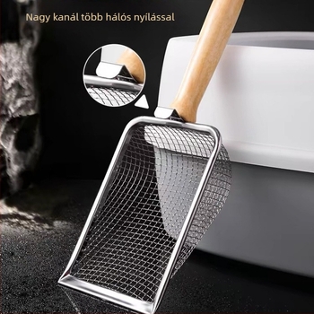 Macskaalom lapát fából készült fogantyúval, kis lyukakkal a bentonit-homokhoz, finom részecskékre szűrőhálóval