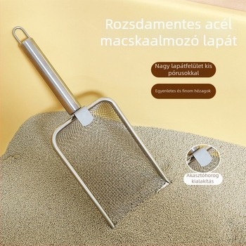 Rozsdamentes acél macskaalom-szitókanál apró lyukakkal, finom szemcsés bentonittel és dióhomokhoz