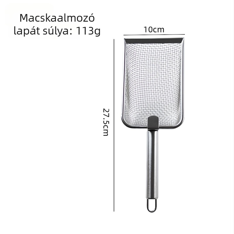 Rozsdamentes acél macskaalom-szitókanál apró lyukakkal, finom szemcsés bentonittel és dióhomokhoz