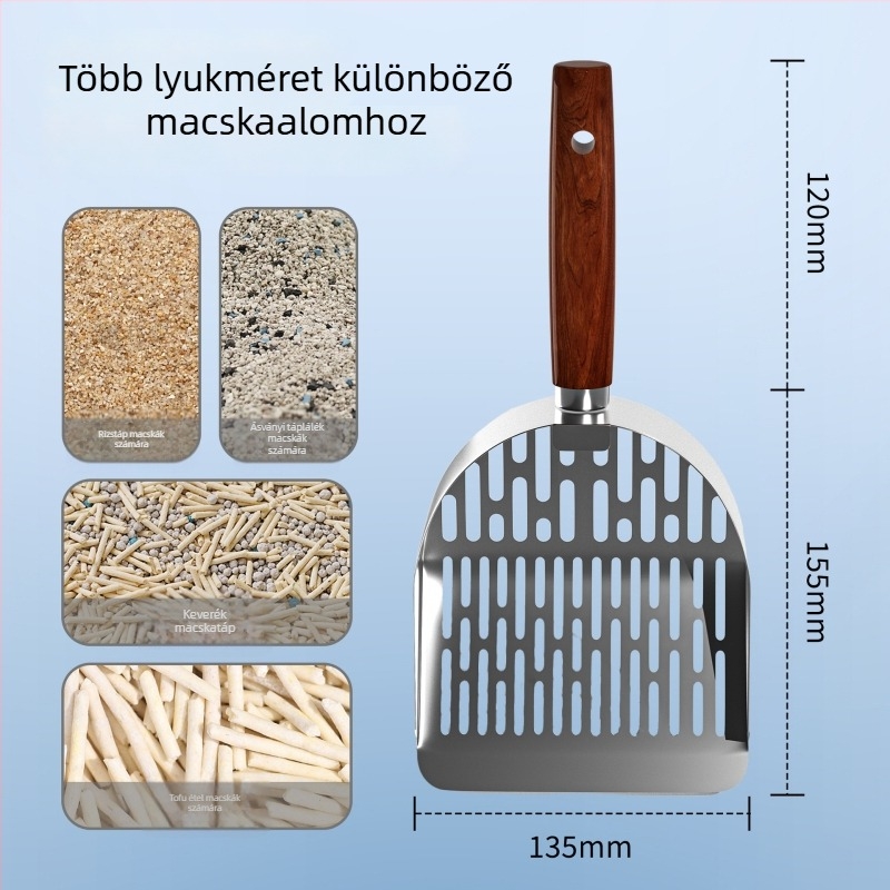Holy age macskaalomkanál, fémből készült, fa nyéllel és finom lyukakkal.