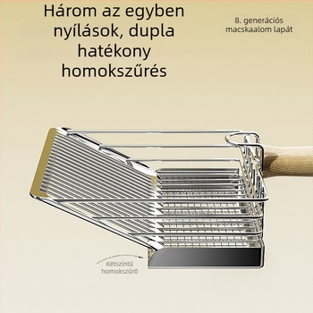 Macskaalom lapát, kétszintes, 3 az 1-ben kialakítás, fém szerkezet, finom lyukakkal tofu homokhoz