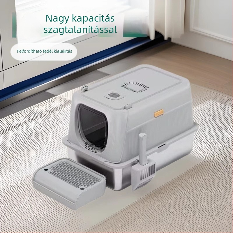 Nagy méretű, teljesen zárt macskaalomtál rozsdamentes acélból, szagkontrollal