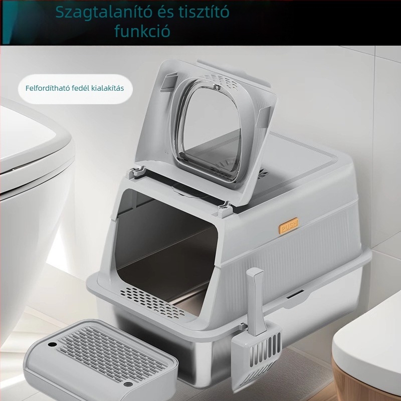 Nagy méretű, teljesen zárt macskaalomtál rozsdamentes acélból, szagkontrollal