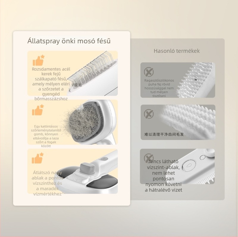 Kudi Kisállat Spray‑Masszázs Fésű Kutyáknak — Rozsdamentes acél tűk, 150mAh akkumulátor, Fésű‑Ecset