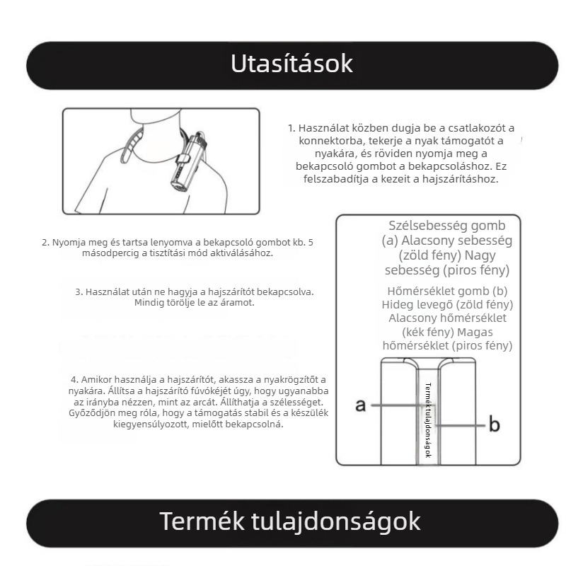 Állatbarát nyakba akasztható hajszárító – nagy teljesítmény, alacsony zajszint, negatív ionok, 1600–1999W, 220V