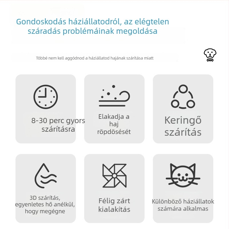 Háziállatok szárító táska levegőfúvással – kutyák és macskák számára, Modell 001, túlmelegedés elleni védelem, teljesítmény 1000W alatt, általános használat