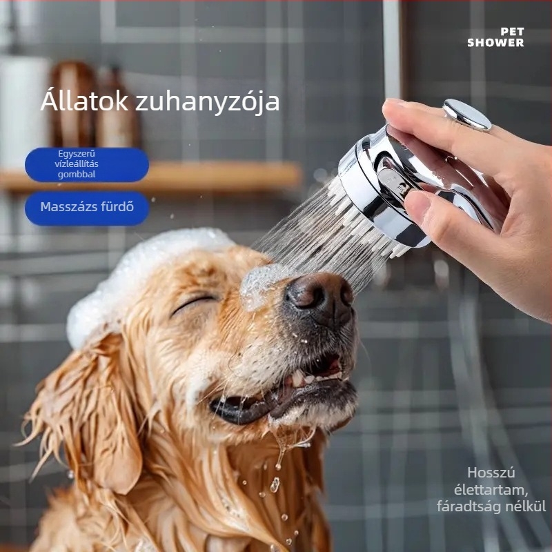 Kutyáknak készült fürdető zuhanyfej, rozsdamentes acélból, aerátorral és megnövekedett víznyomással
