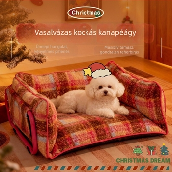 Karácsonyi plüss kisállat ágy macskáknak és kutyáknak, fekhely kanapé-stílus, levehető és mosható huzattal, kockás mintázat, kis- és közepes méretű kutyáknak, meleg őszre és télre, új modell