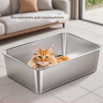 Nagy méretű, egy darabból álló rozsdamentes acél macskaalmotál nyitott kivitelben, fröccsenés elleni védelemmel és mélyített homoktartóval nagytestű macskáknak