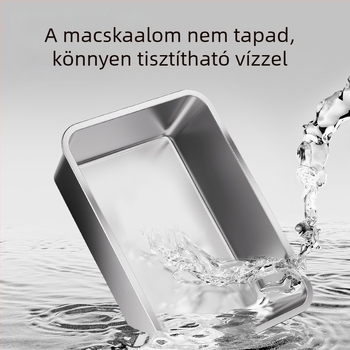Nagy méretű, egy darabból álló rozsdamentes acél macskaalmotál nyitott kivitelben, fröccsenés elleni védelemmel és mélyített homoktartóval nagytestű macskáknak