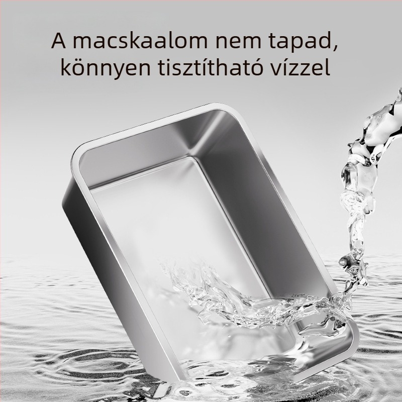 Nagy méretű, egy darabból álló rozsdamentes acél macskaalmotál nyitott kivitelben, fröccsenés elleni védelemmel és mélyített homoktartóval nagytestű macskáknak