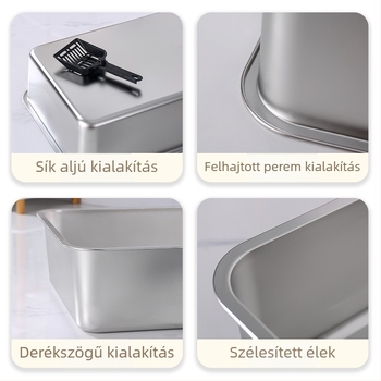 Nagy rozsdamentes acél macskaalomtál, négyszögletes forma, sík aljzattal, korrózióálló, mélyített és vastagított.