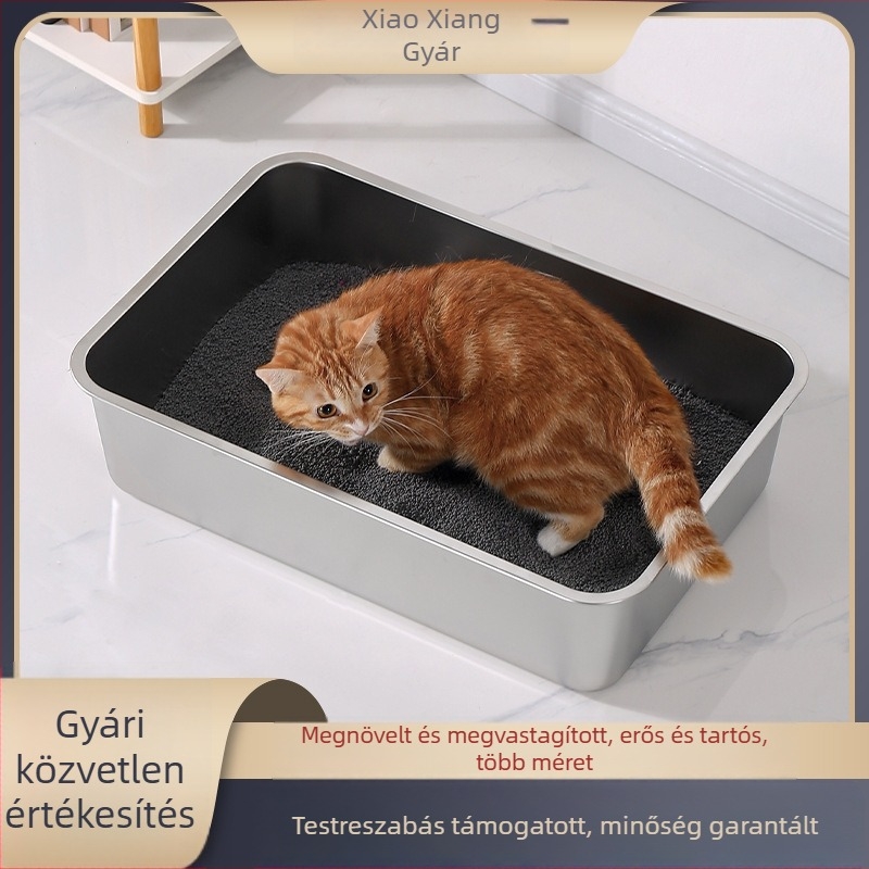 Nagy rozsdamentes acél macskaalomtál, négyszögletes forma, sík aljzattal, korrózióálló, mélyített és vastagított.