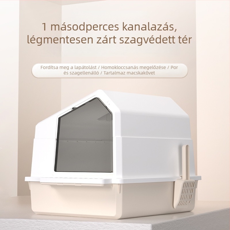 Macskaalomtál ajtóval, összecsukható, fröccsenés elleni, szag elleni, PP anyagból