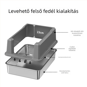 Macskaalmotálca csobás elleni dizájnnal, fém-plasztik kivitel, nyitott felső rész és fél-zárt kialakítás, por elleni védelem