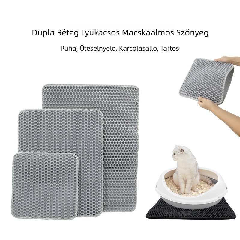 Nagyméretű, kétszintű macskaalom-alátét szűrővel, fröccsenés- és szóródás elleni védelemmel, egyedi formájú